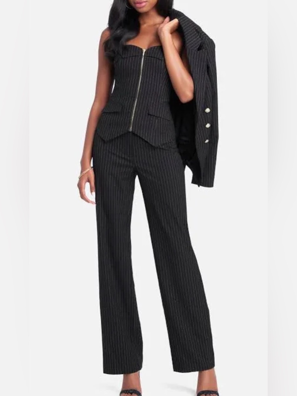 BEBE Black Wide Pinstripe Dress Pants - Wide Leg Classic Tailored Fit